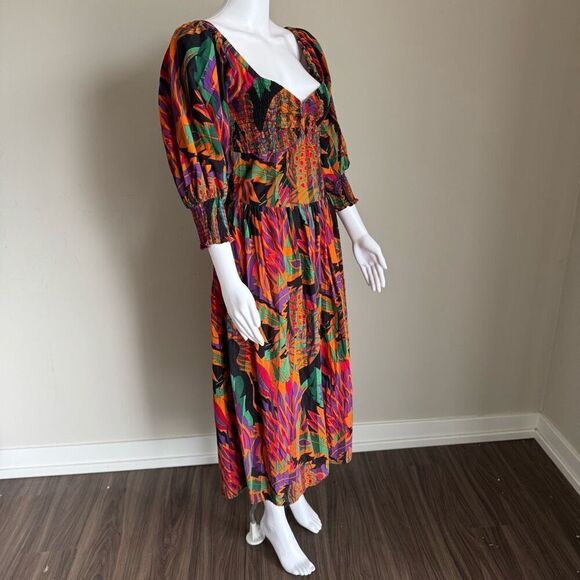 House Of Harlow 1960 Smocked Puff Sleeve  Dress Size M White Lotus - Picture 2 of 7